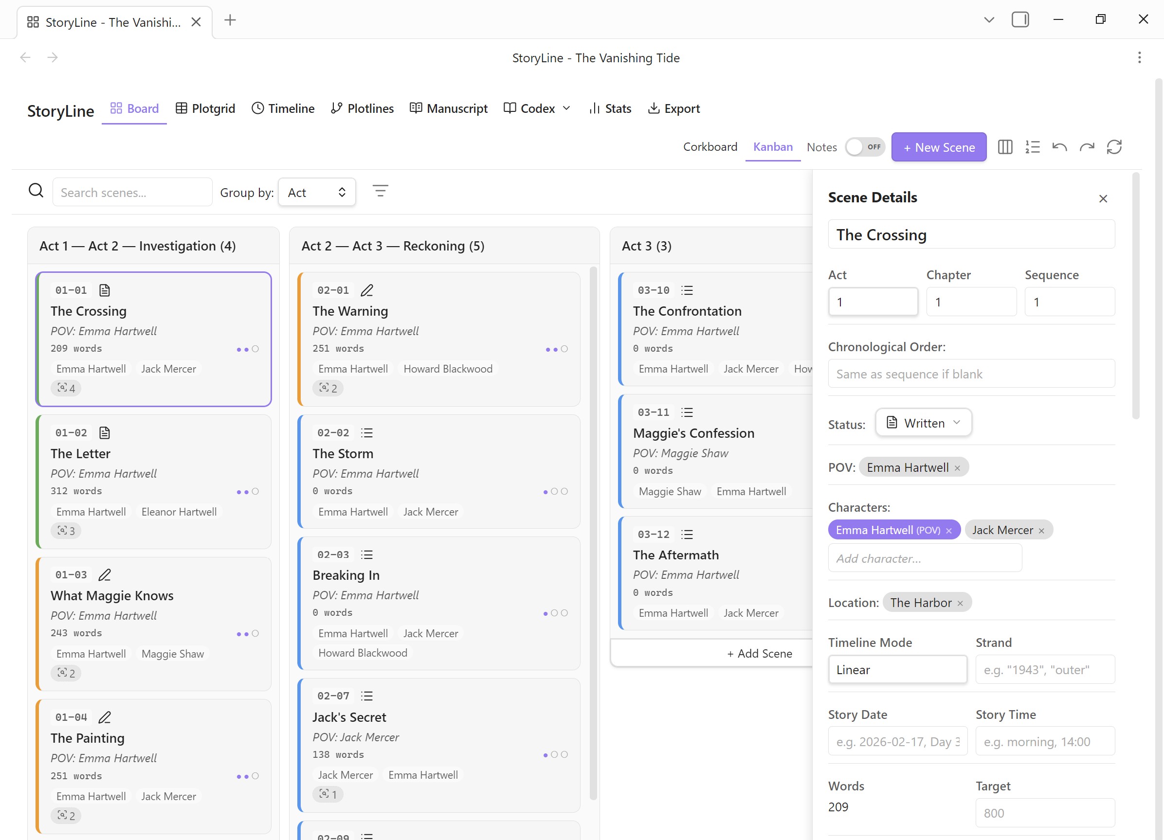 Board View — Kanban scene cards organized by act