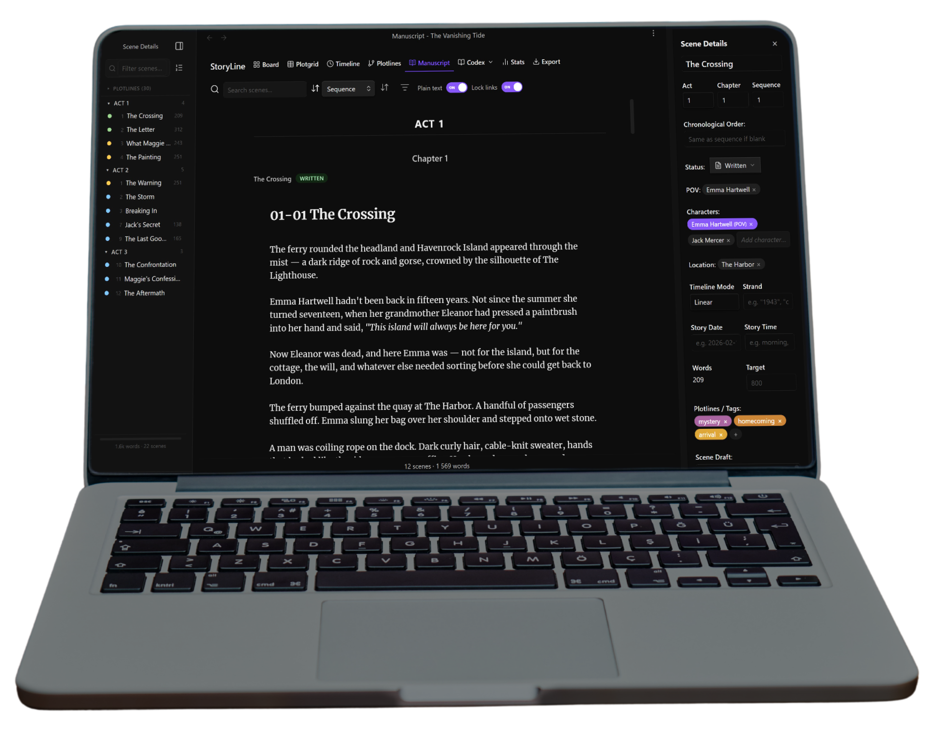 StoryLine Manuscript view on a laptop